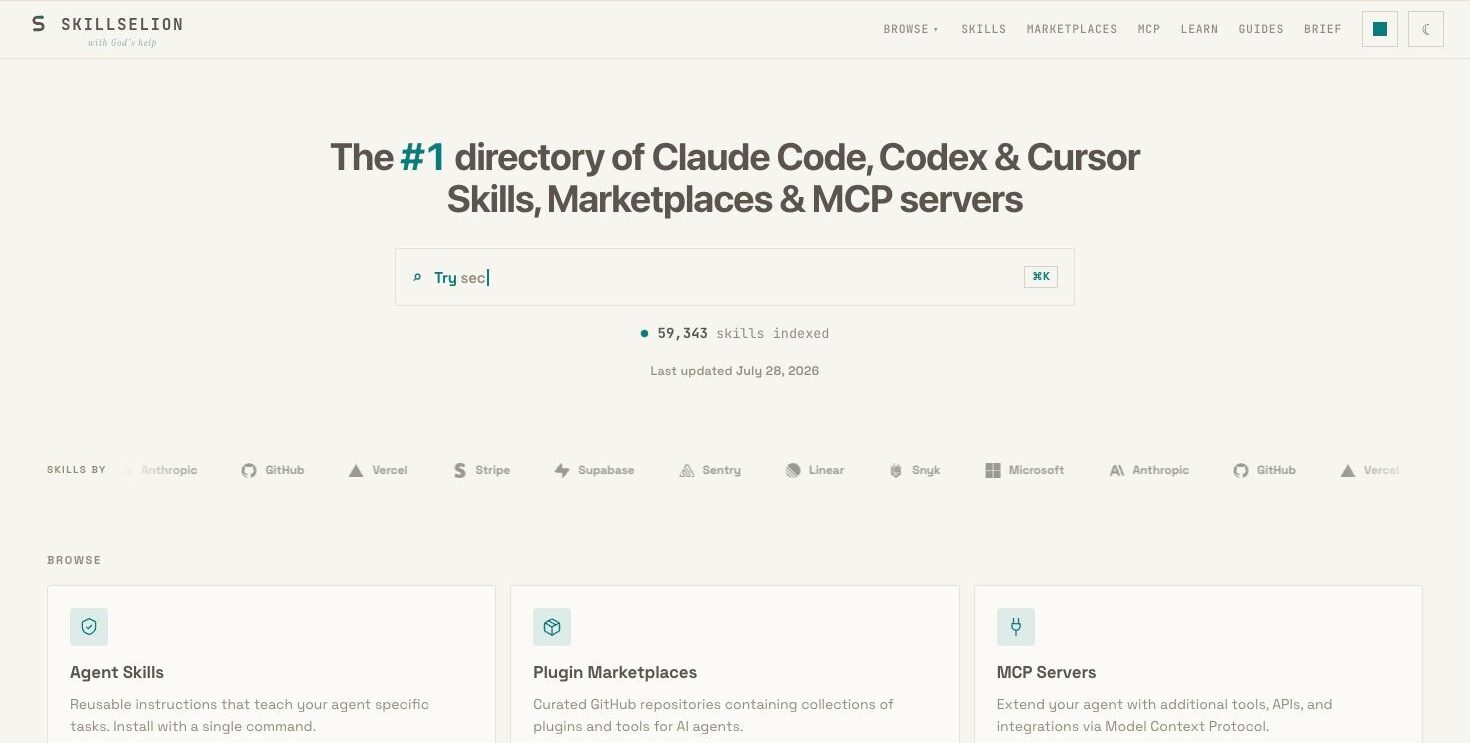 Skillselion homepage stating 59,343 skills indexed with a visible last-updated date