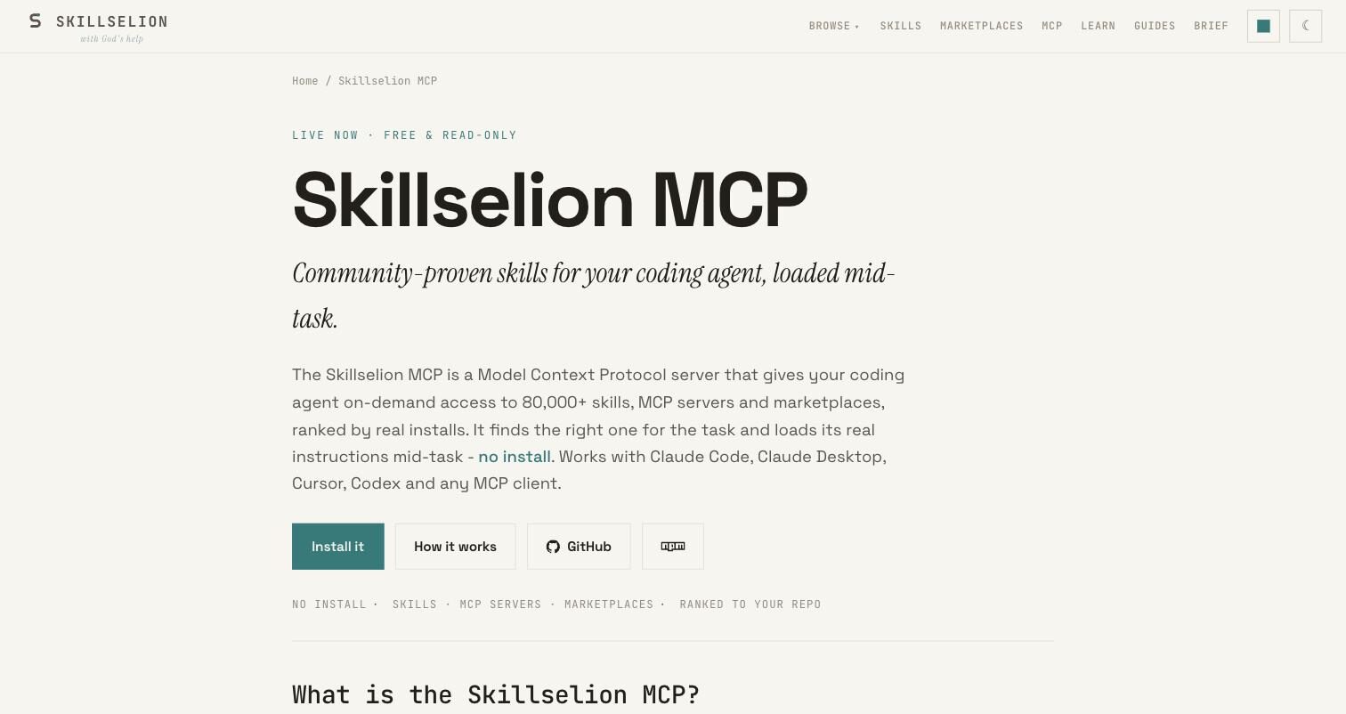 Skillselion MCP landing page describing on-demand catalog access for coding agents